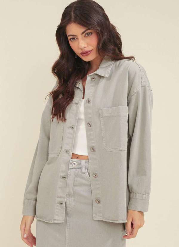 Pop Me - Camisa Sarja Manga Longa Oversize Bolso Verde 1