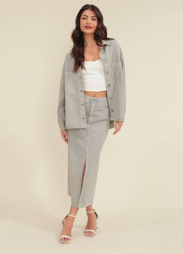 Pop Me - Camisa Sarja Manga Longa Oversize Bolso Verde 4