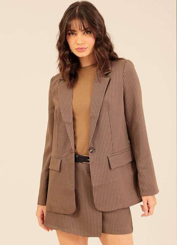 Pop Me - Blazer em Alfaiataria Xadrez com Lapela Marrom