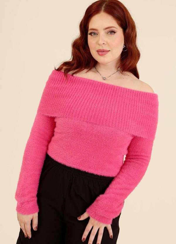 Pop Me - Blusa Trico Pelinho Ombro a Ombro Rosa