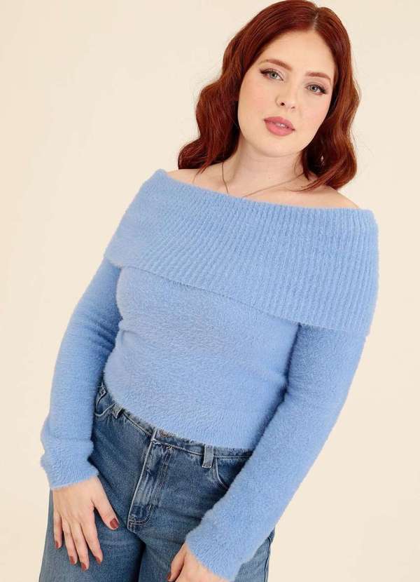Pop Me - Blusa Trico Pelinho Ombro a Ombro Azul