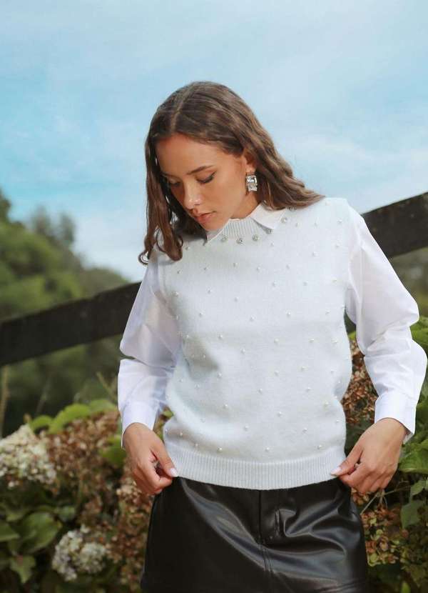 Pop Me - Blusa Trico sem Manga com Strass e Perolas Azul