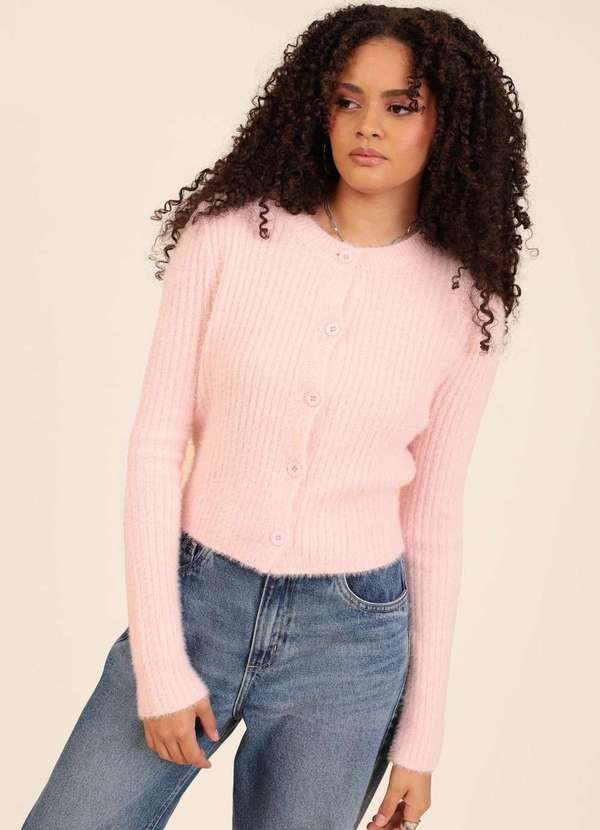 Pop Me - Cardigan Trico Pelinho Canelado Decote Redondo Rosa