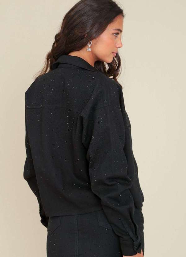 Pop Me - Jaqueta Jeans Black com Aplicacao em Strass Preto 2