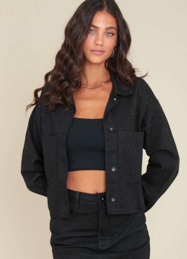 Pop Me - Jaqueta Jeans Black com Aplicacao em Strass Preto 4