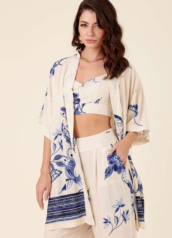 Pop Me - Kimono em Viscose Manga Curta Jardim Azul