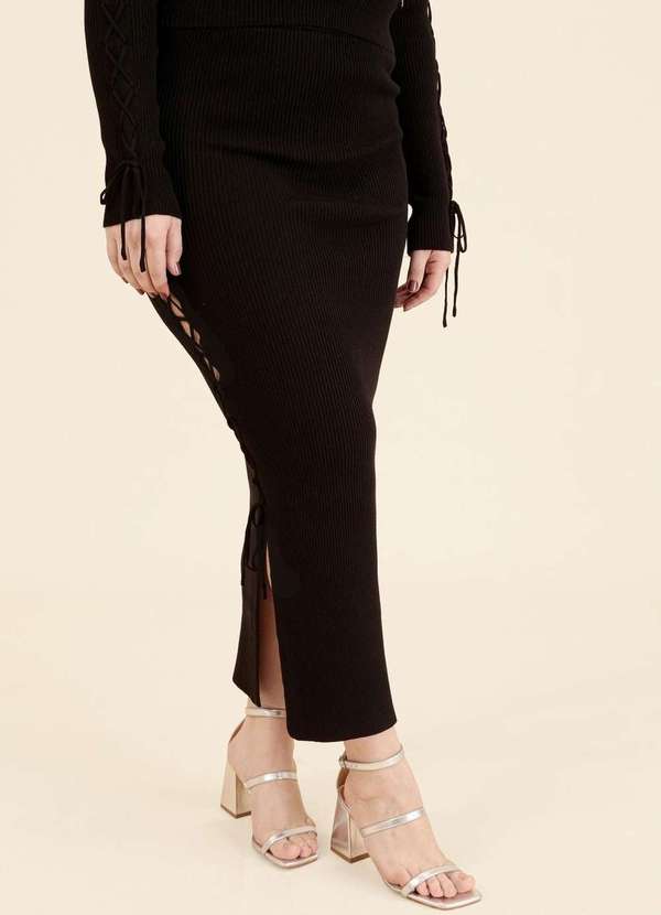 Pop Me - Saia Midi em Trico com Trancado Lateral Preto 3