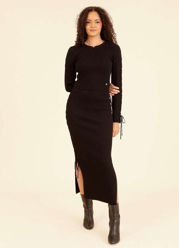 Pop Me - Saia Midi em Trico com Trancado Lateral Preto 5