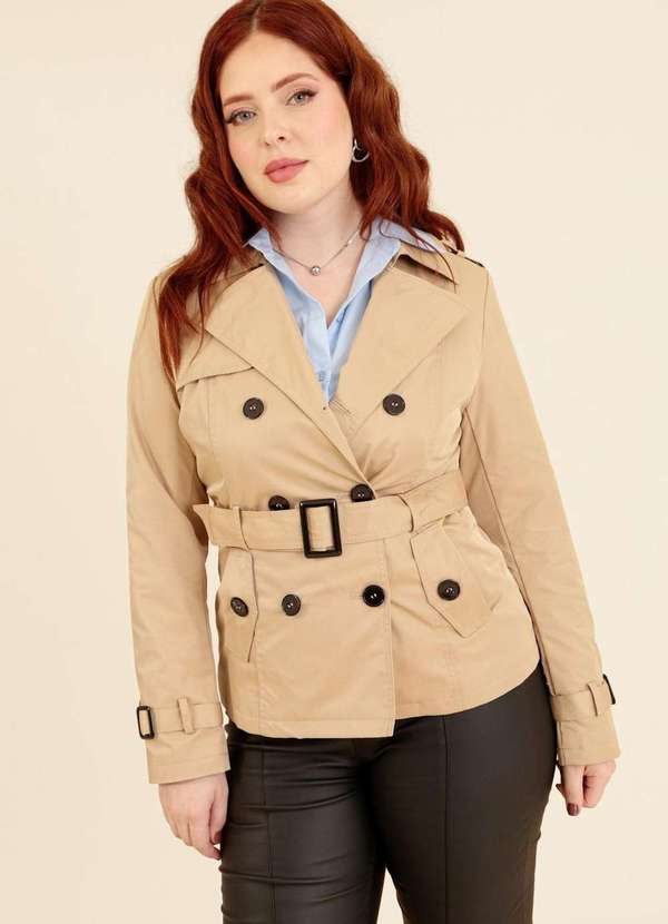 Pop Me - Trench Coat Curto com Faixa e Botoes Bege