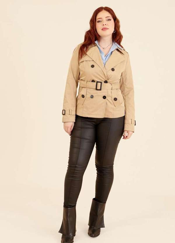 Pop Me - Trench Coat Curto com Faixa e Botoes Bege 5