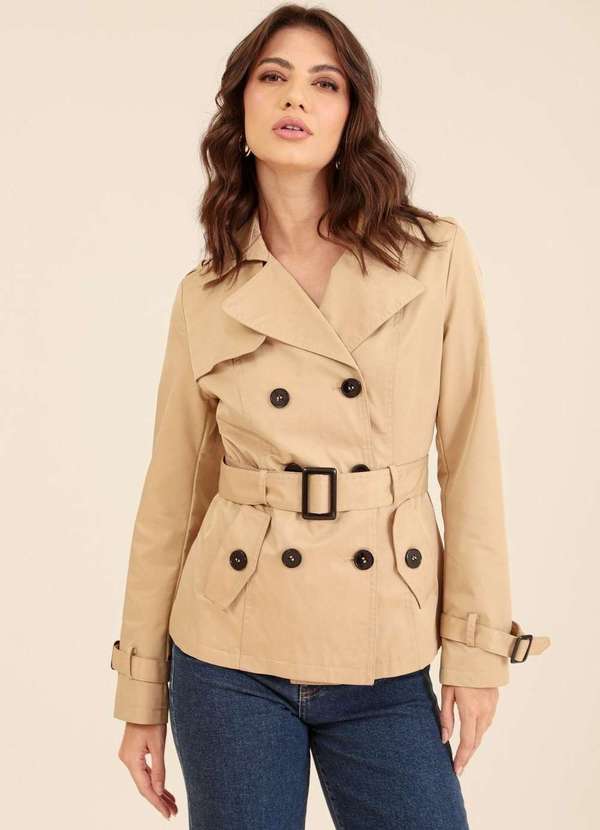 Pop Me - Trench Coat Curto com Faixa e Botoes Bege 6