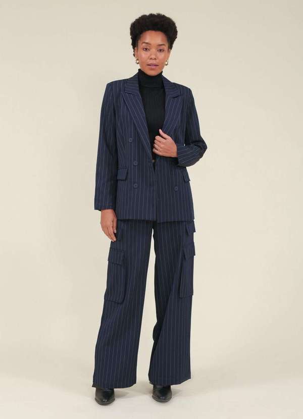 Pop Me - Blazer Alfaiataria Risca de Giz com Transpasse e Botoes Azul 4