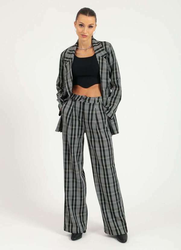 Pop Me - Blazer Crepe Xadrez Abertura Lateral Preto