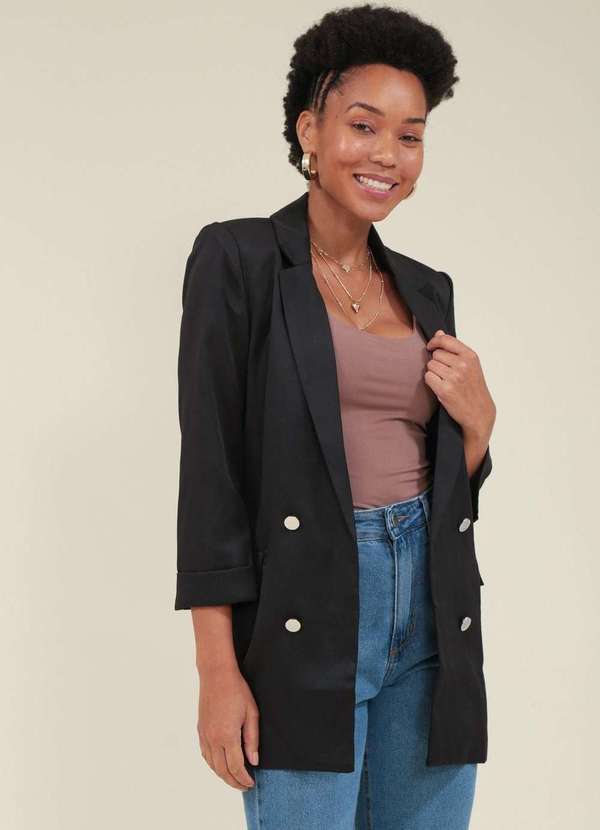 Pop Me - Blazer em Alfaiataria Manga 7/8 e Botoes Preto