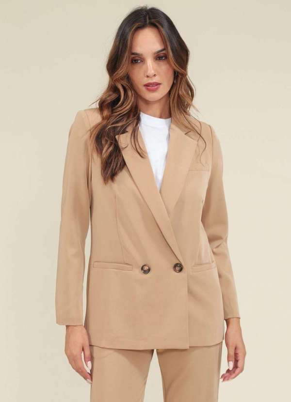Pop Me - Blazer em Alfaiataria Manga Longa e Transpasse com Botoes Bege