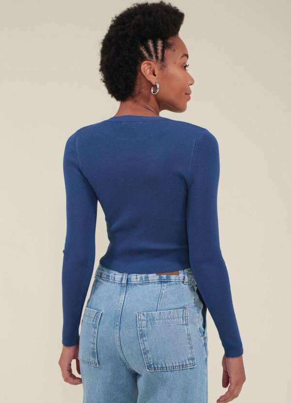 Pop Me - Blusa Cropped Tricot Manga Longa Basica Azul 2