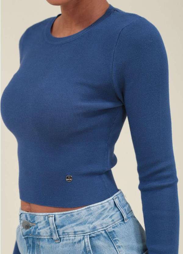 Pop Me - Blusa Cropped Tricot Manga Longa Basica Azul 3
