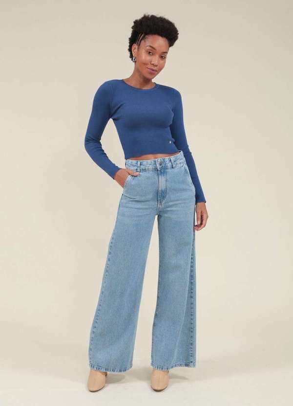 Pop Me - Blusa Cropped Tricot Manga Longa Basica Azul 4