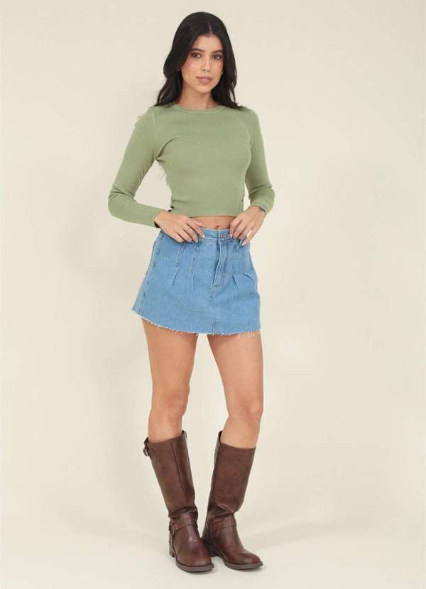 Pop Me - Blusa Cropped Tricot Manga Longa Basica Verde 4
