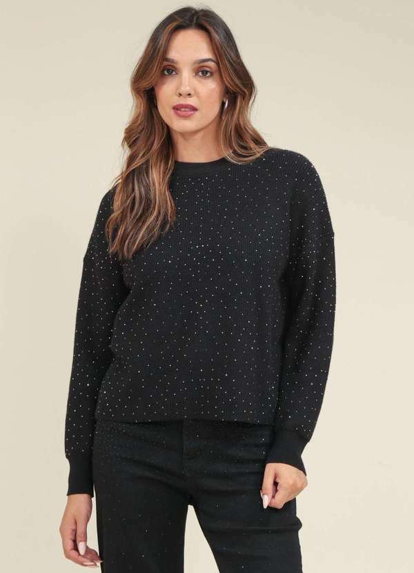Pop Me - Blusa Trico Alongado Manga Longa com Strass Preto