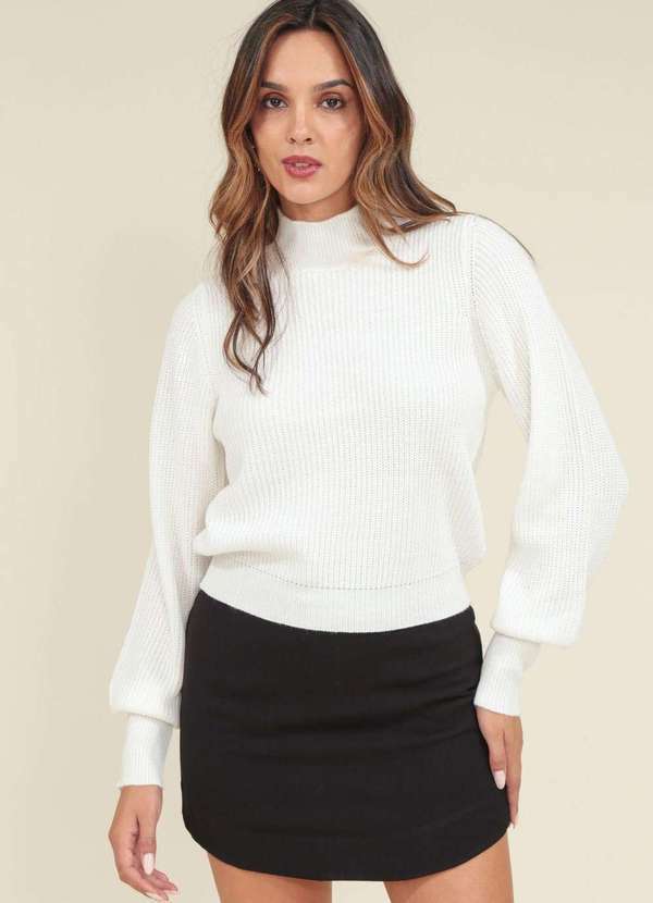 Pop Me - Blusa Trico Gola Alta e Manga Bufante Branco