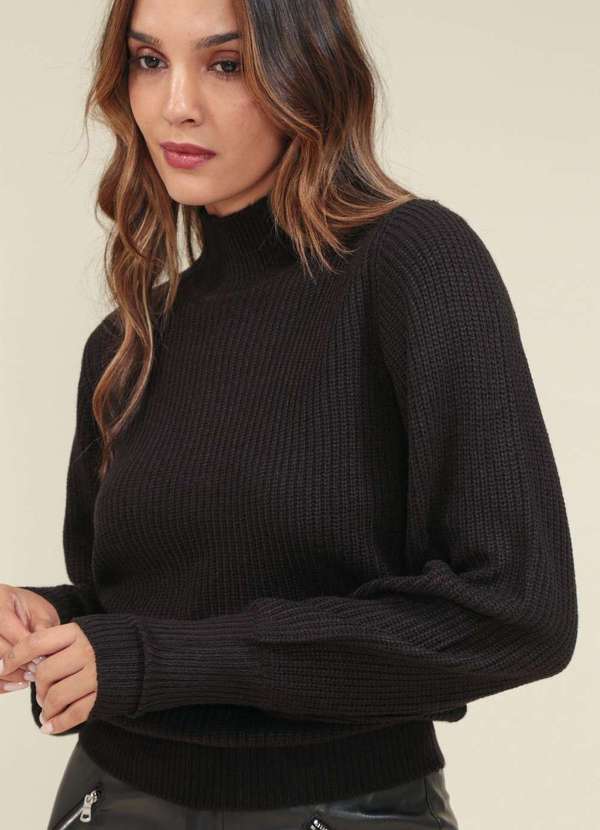 Pop Me - Blusa Trico Gola Alta e Manga Bufante Preto 2