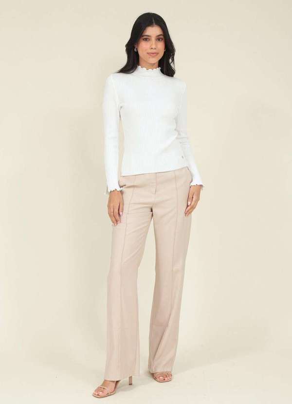 Pop Me - Blusa Tricot Canelado Gola Alta Barra Fru Fru Branco 4