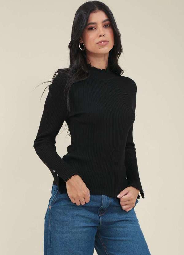 Pop Me - Blusa Tricot Canelado Gola Alta Barra Fru Fru Preto