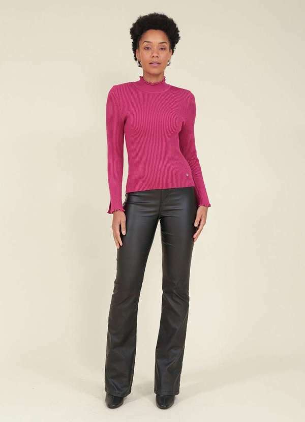 Pop Me - Blusa Tricot Canelado Gola Alta Barra Fru Fru Rosa