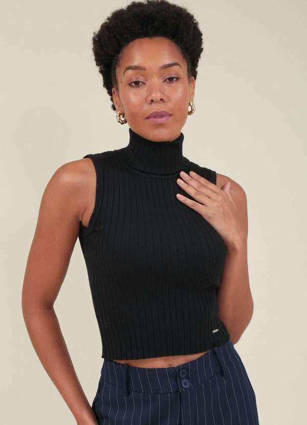 Pop Me - Blusa Tricot Canelado sem Manga Gola Alta Preto