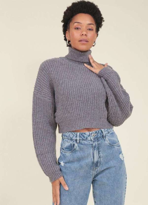 Pop Me - Blusa Tricot Cropped Manga Longa Gola Alta Cinza
