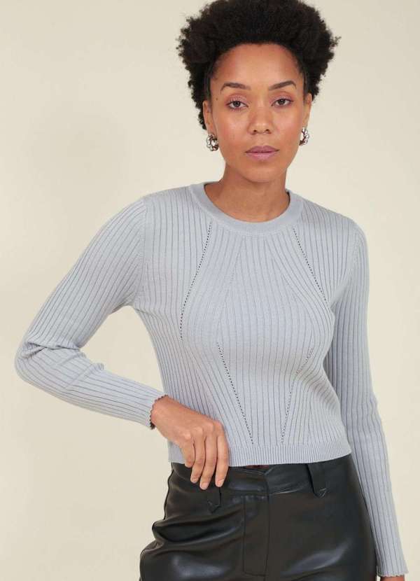 Pop Me - Blusa Tricot Manga Longa Canelada Cinza