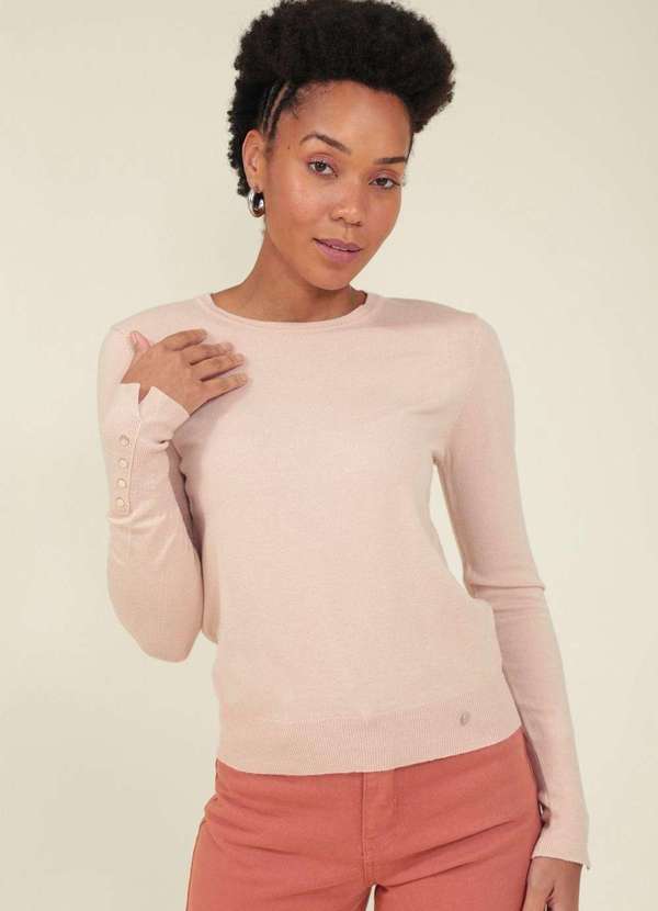 Pop Me - Blusa Tricot Manga Longa com Botoes Punho Bege