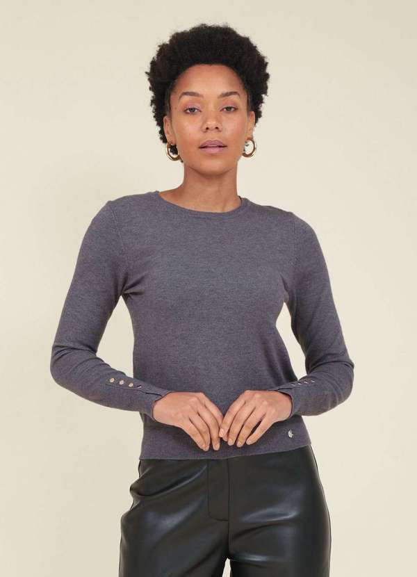 Pop Me - Blusa Tricot Manga Longa com Botoes Punho Cinza