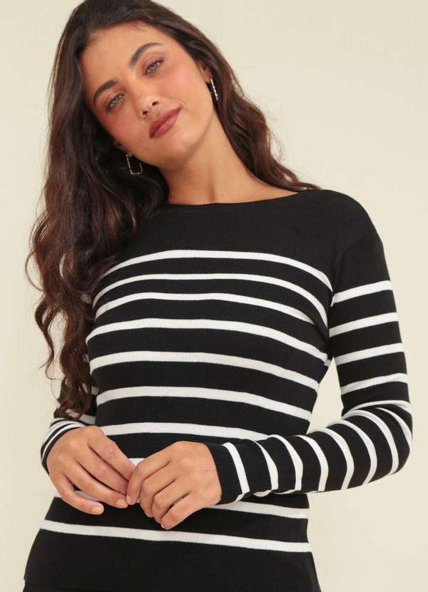 Pop Me - Blusa Tricot Manga Longa Listrado Preto 1