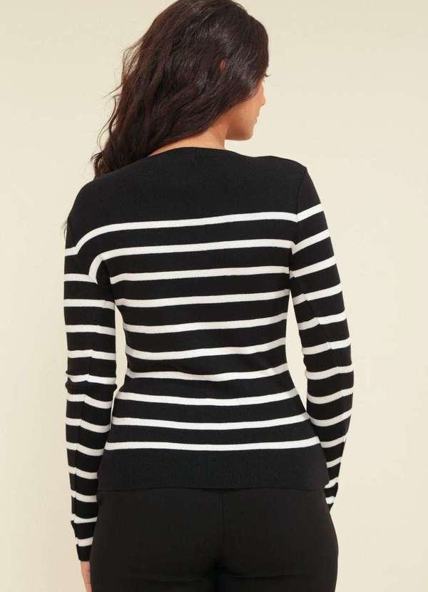 Pop Me - Blusa Tricot Manga Longa Listrado Preto 2