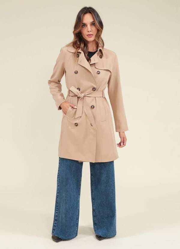 Pop Me - Casaco Trench Coat Alongado com Faixa e Botoes Bege
