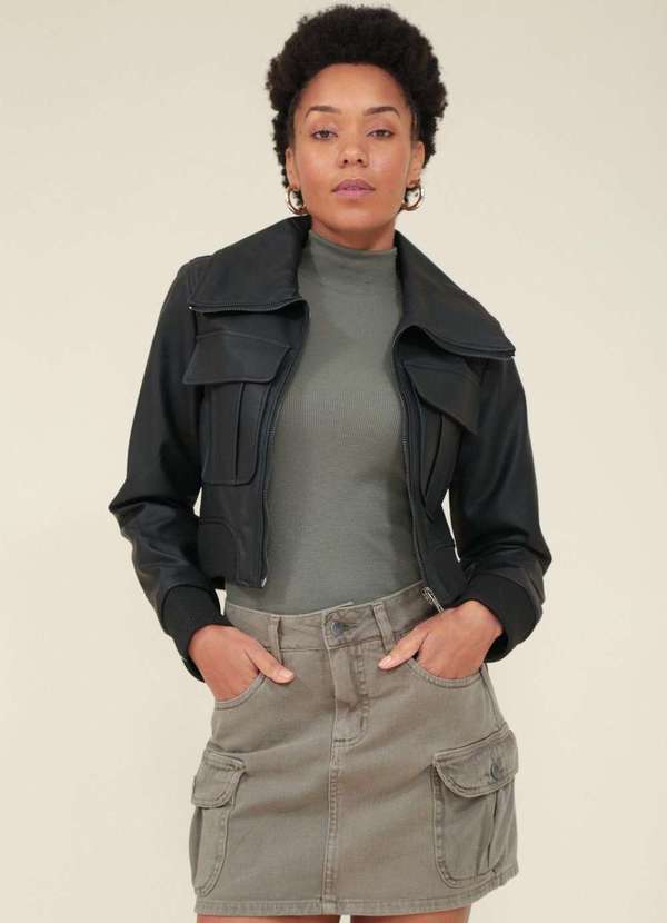 Pop Me - Jaqueta Aviador em Pu Preto