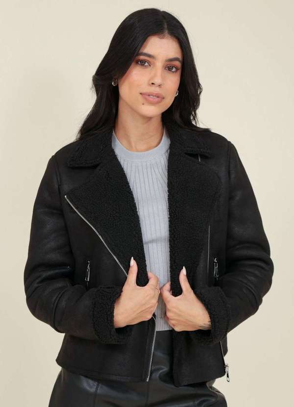 Pop Me - Jaqueta Biker em Material Sintetico com Pelo Interno Preto