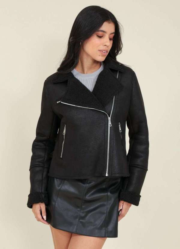 Pop Me - Jaqueta Biker em Material Sintetico com Pelo Interno Preto 2