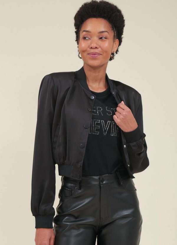 Pop Me - Jaqueta Cropped Cetim com Barra em Retilinea Preto