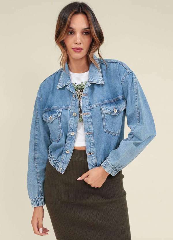 Pop Me - Jaqueta Jeans Bomber com Elastico na Barra Azul