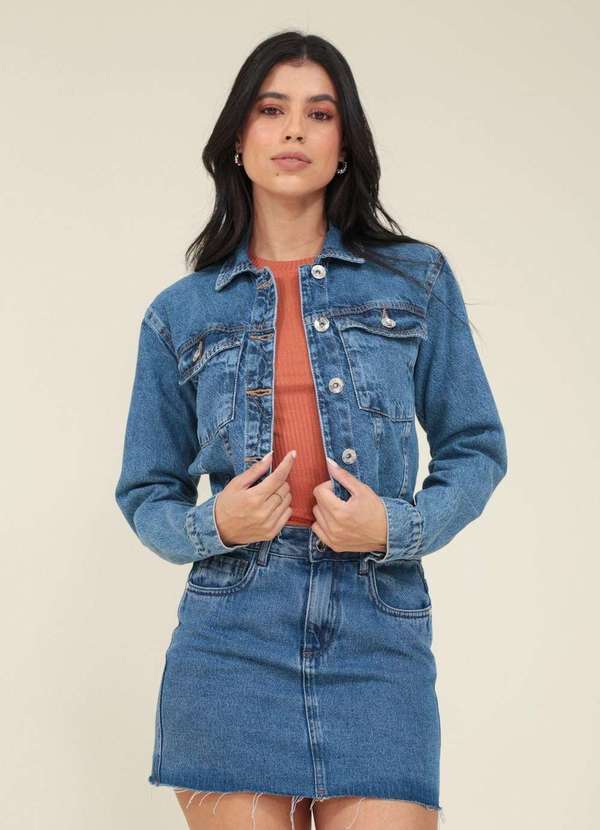 Pop Me - Jaqueta Jeans com Recorte e Bolso Frontal Azul
