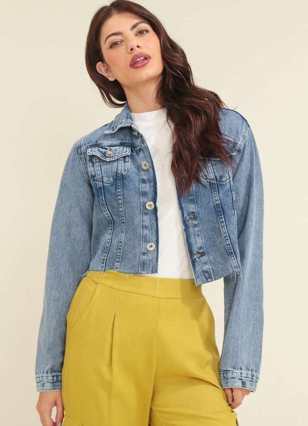 Pop Me - Jaqueta Jeans Cropped Barra Desfiada Azul