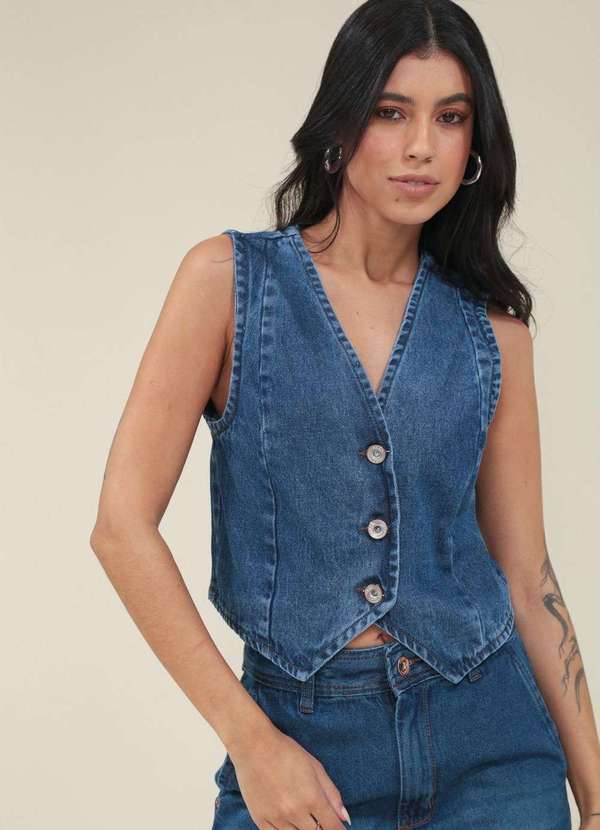 Pop Me - Colete Jeans Recorte Frontal Azul