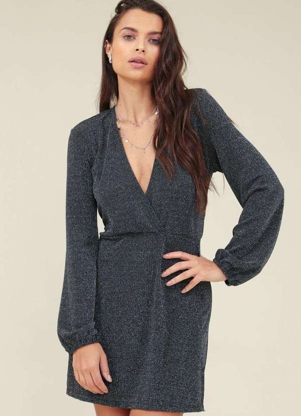 Pop Me - Macaquinho Malha Lurex Manga Longa com Busto Transpassado Preto