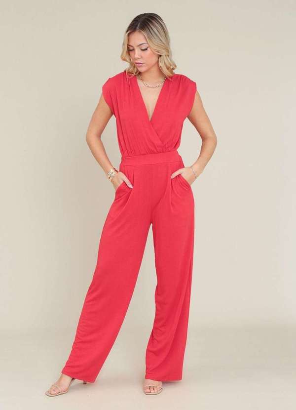 Pop Me - Macacao Longo em Malha Texturizada Busto Transpassado Vermelho