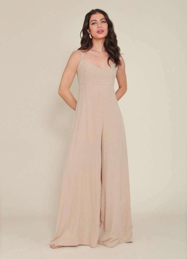 Pop Me - Macacao Pantalona em Viscolinho Alca Bege