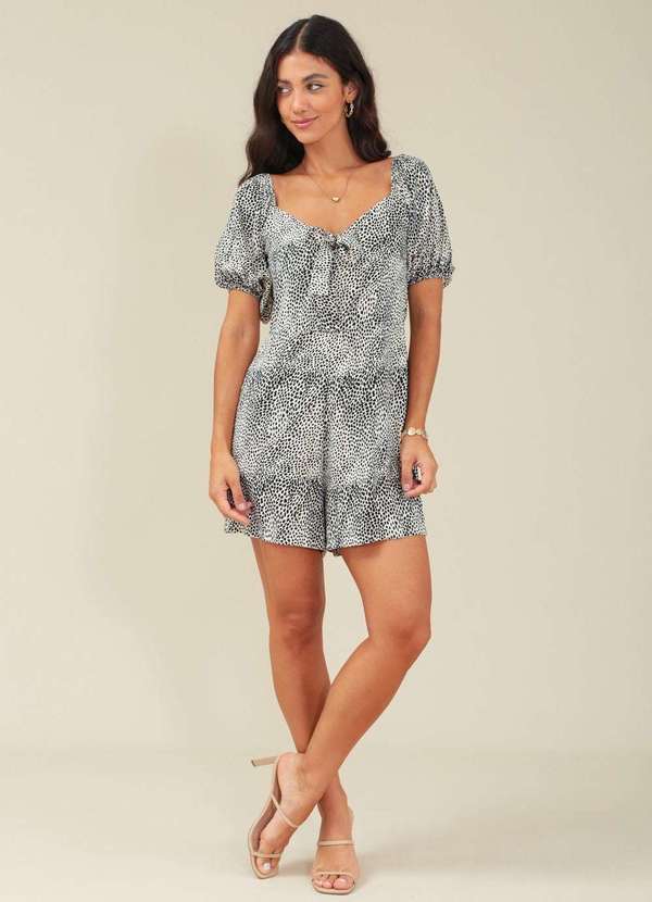 Pop Me - Macaquinho em Viscose Manga Curta com Laco no Decote Branco