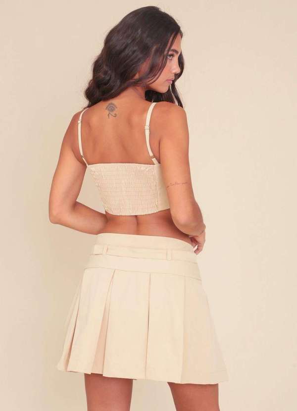 Pop Me - Saia Alfaiataria Sarja com Pregas e Cinto Bege 2